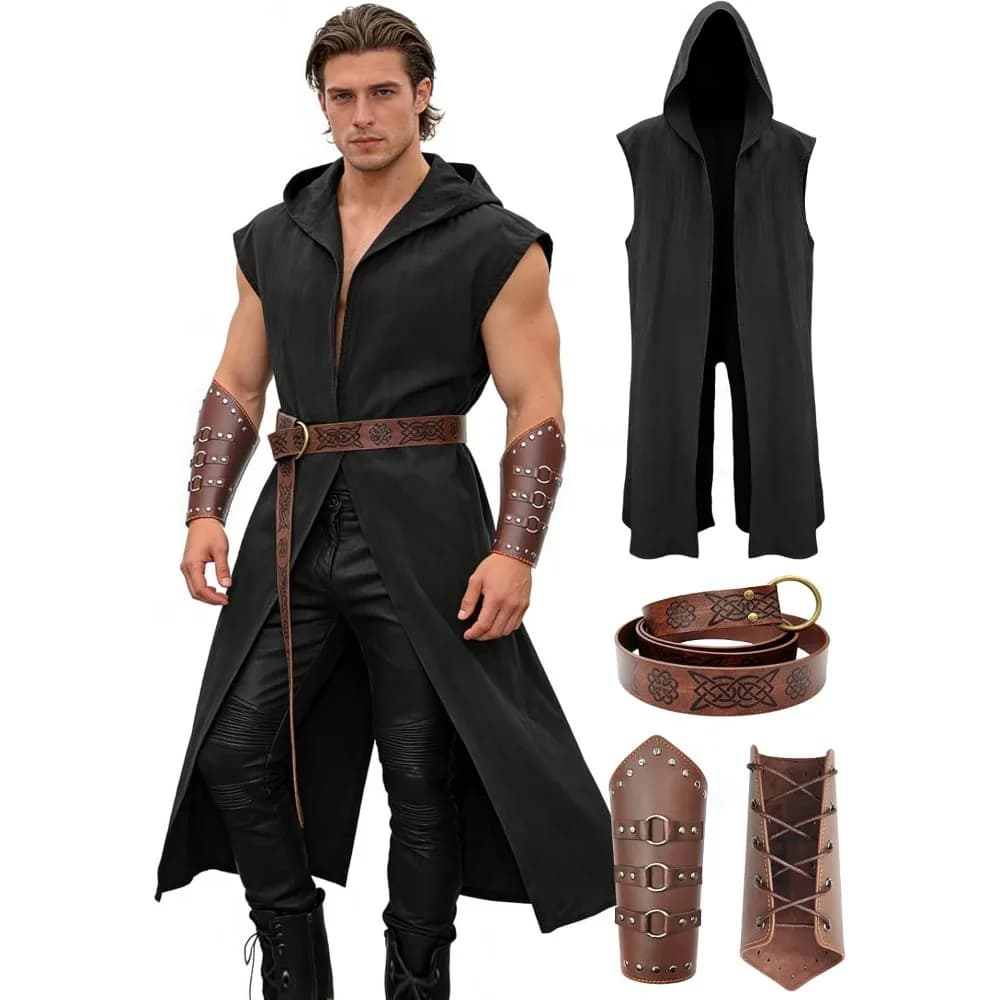 Men’s Renaissance Costume Set – Medieval/Renaissance Costume for Men with Hooded Surcoat Leather Belt & Bracers