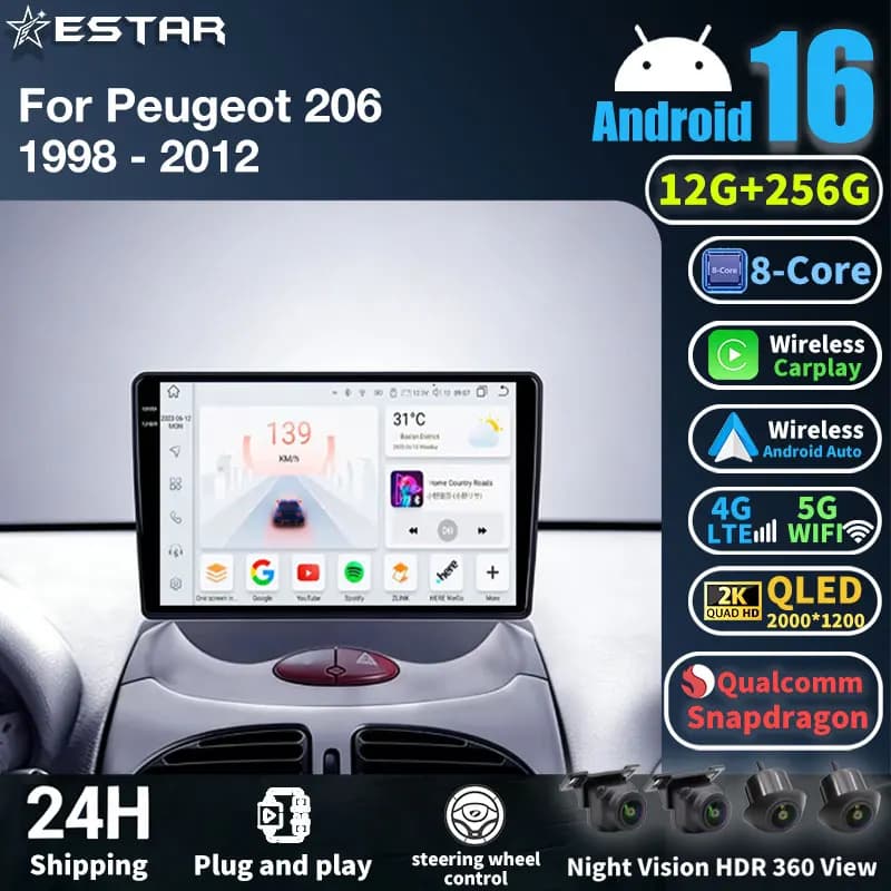 Android 16 Car Radio Carplay Auto Player For Peugeot 206 1998 1999 2000 - 2012 GPS Multimedia Head Unit Stereo Video 4G WIFI BT