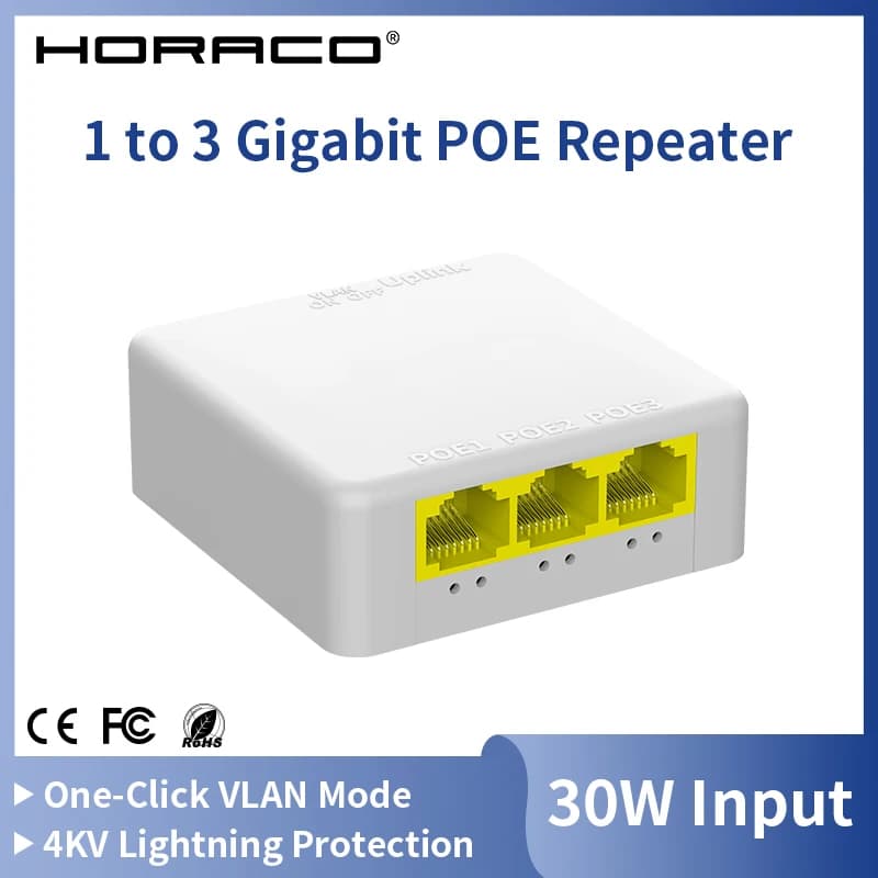 HORACO 4 porte Gigabit POE Extender 1000M Switch di rete Ripetitore IEEE802.3af/at Plug & Play per Switch PoE NVR Telecamera IP AP