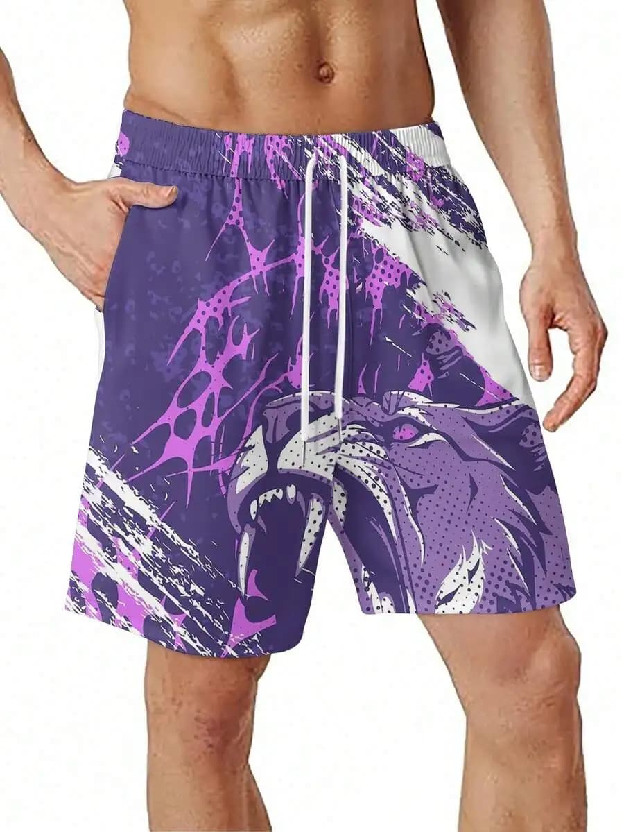 Pantaloncini sportivi da uomo con stampa leopardata viola, poliestere leggero e traspirante