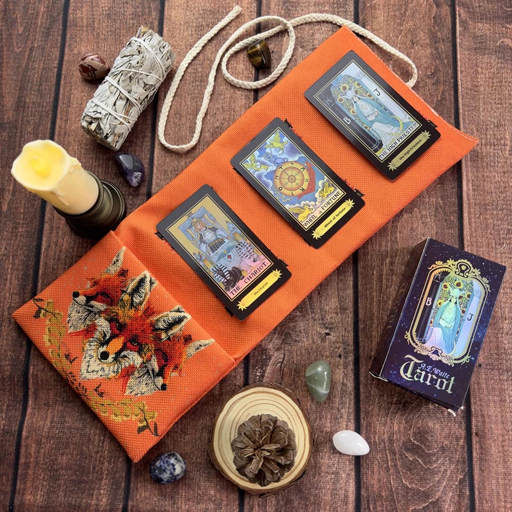 Borsa portaoggetti per tarocchi di volpe Custodia per divinazione Carte dei tarocchi Tovaglia Misteriosa luna Animale Cielo stellato Custodia per decorazioni Regalo