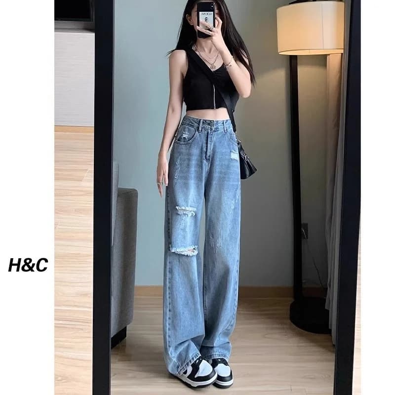Spring Summer Thin High Waist Wide Leg Denim Jeans Women's Versatile Slimming Drapey Straight Floor-Length Pants
