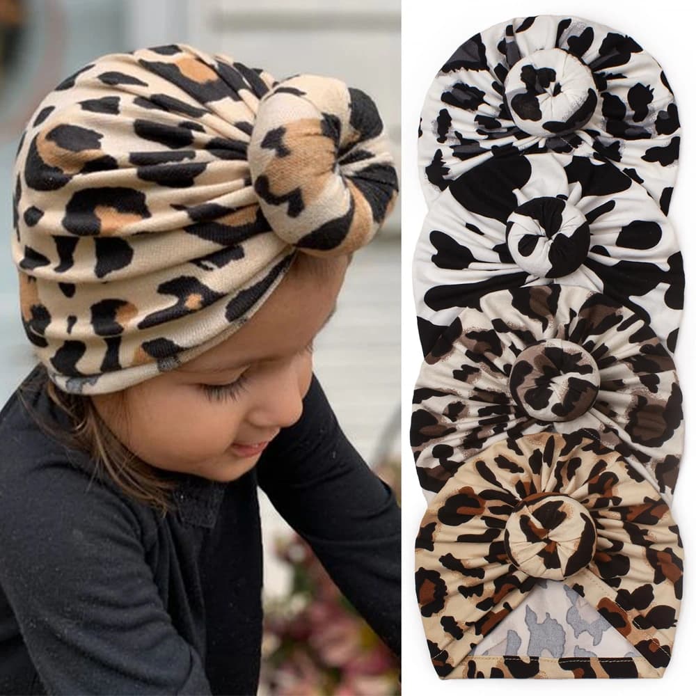 Nuove neonate cappello leopardato fiore stampato con palla rotonda punto centrale berretti turbante neonato berretti per bambini puntelli per fotografia per bambini