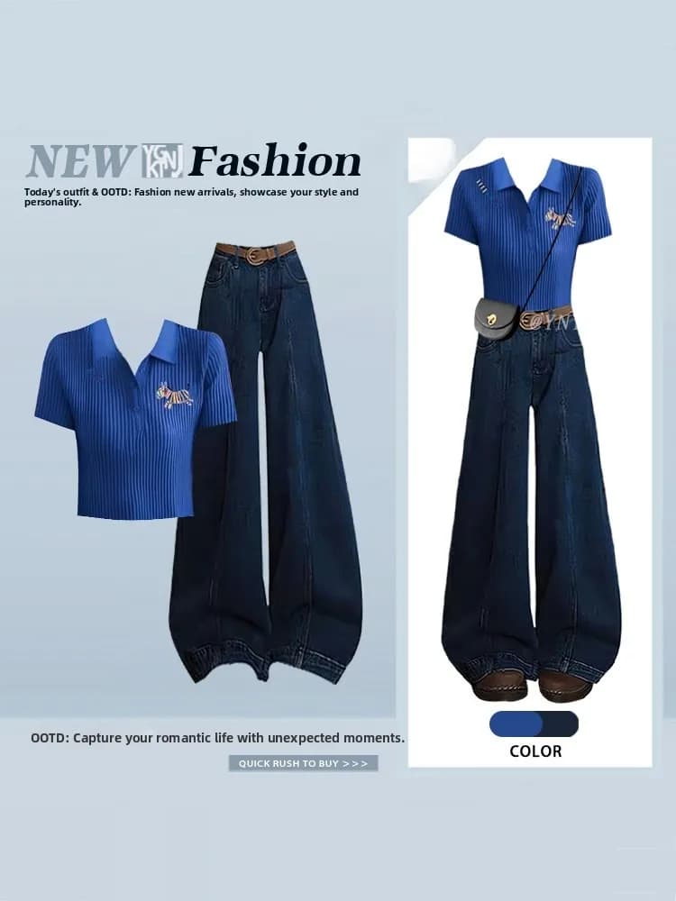 Set di Jeans a Vita Alta e Gamba Larga da Donna, Stile Coreano, Blu Klein, Slim Fit con Motivo a Righe Orizzontali, Primavera-Estate