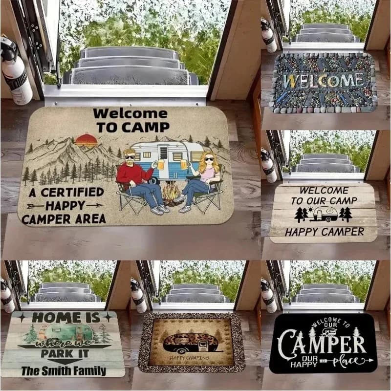 Tappetino di Benvenuto per Porta, Stampa 'Happy Camper', Antiscivolo, Decorazione per Casa, Tappeto d'Ingresso a Tema Camper per Esterni