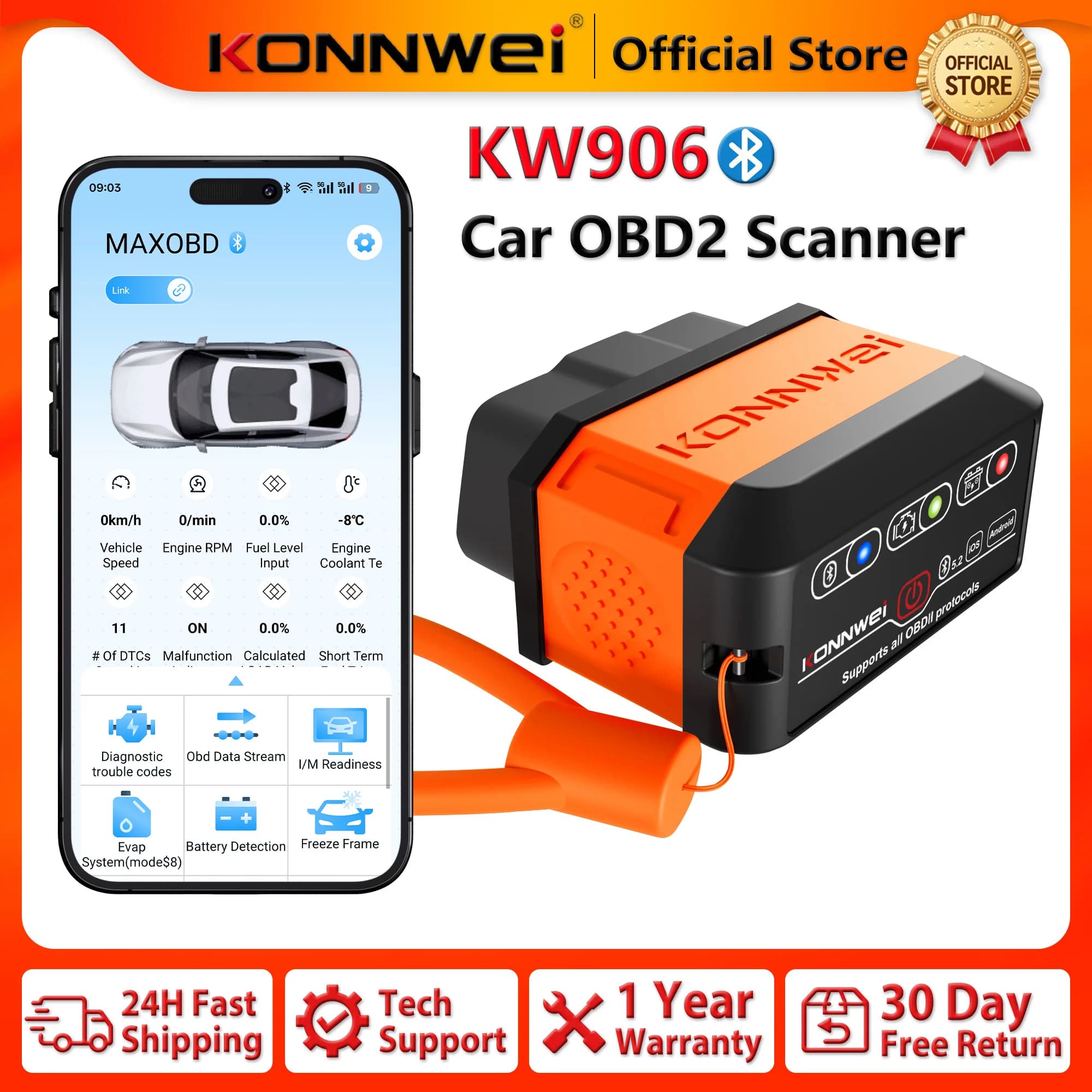 2026 KONNWEI KW906 ELM 327 Bluetooth 5.0 OBD2 Car Engine System Diagnostic Tool Scanners for Android/IOS Code Reader Pic18F25K80