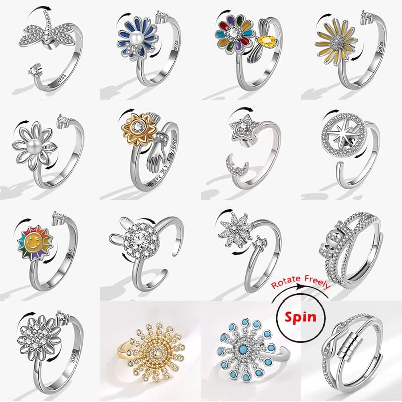 Anello Antistress Girevole a Forma di Margherita con Ape per Donne, Anello Regolabile con Cristalli, Stelle e Luna, Regalo Originale