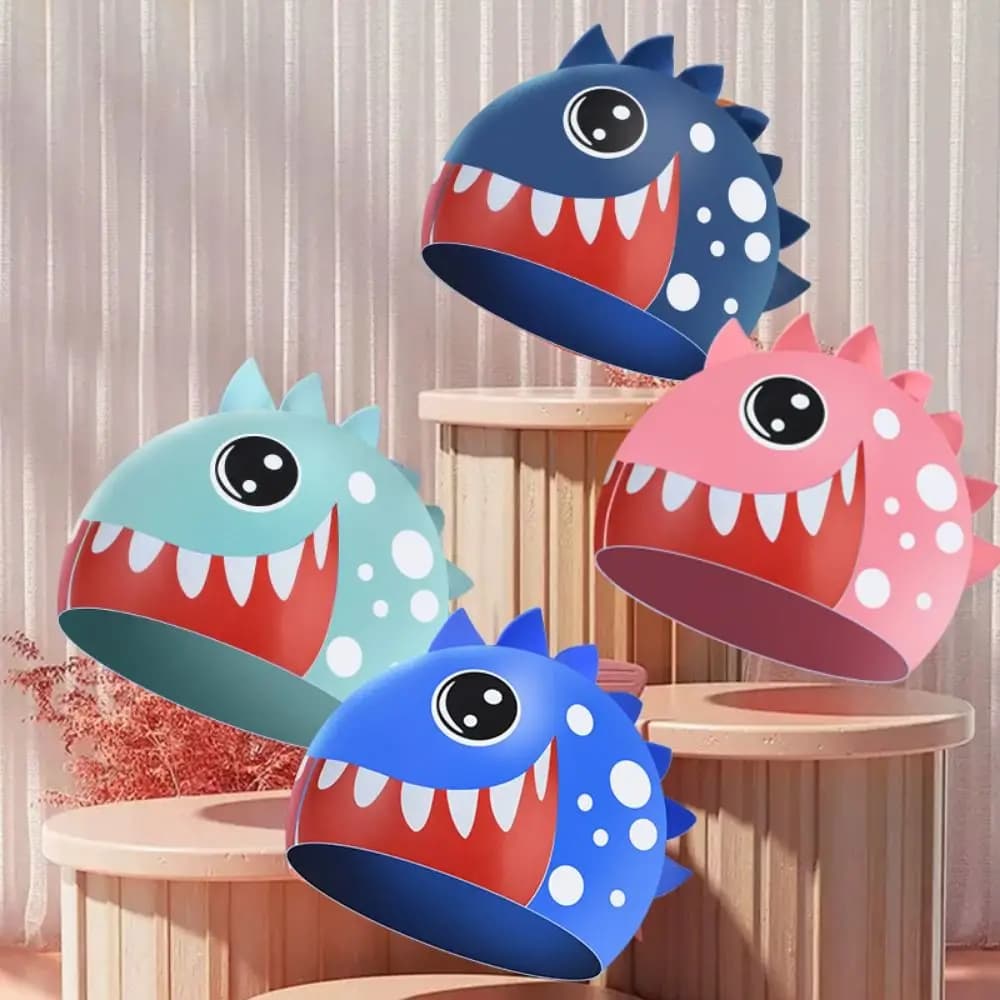 Cuffia da nuoto per bambini Shark Cuffia da nuoto impermeabile in silicone per capelli lunghi Protezione per le orecchie Cuffia da nuoto stampata con animali dei cartoni animati