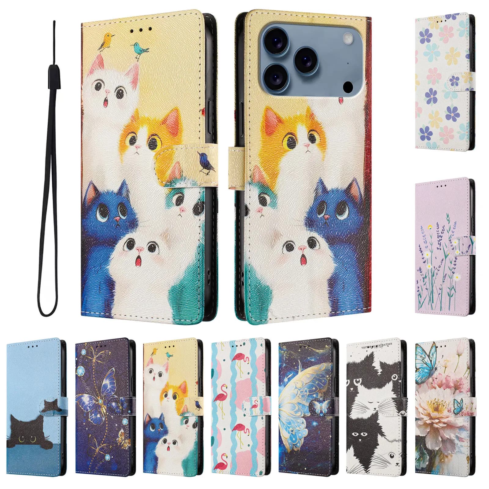 Custodia a portafoglio in pelle stampata con cartoni animati per iPhone 17 Air 16E 11 12 13 14 15 Plus Pro Max Custodia per libro per telefono antiurto