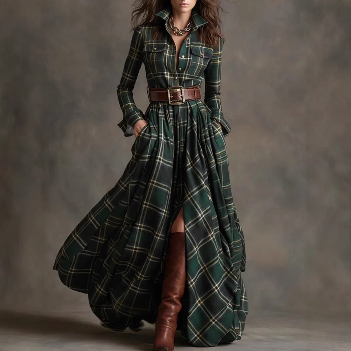 French women's shirt with buttons, cardigan, twisted, fashionable belt, pockets and irregular design, long skirt for woman