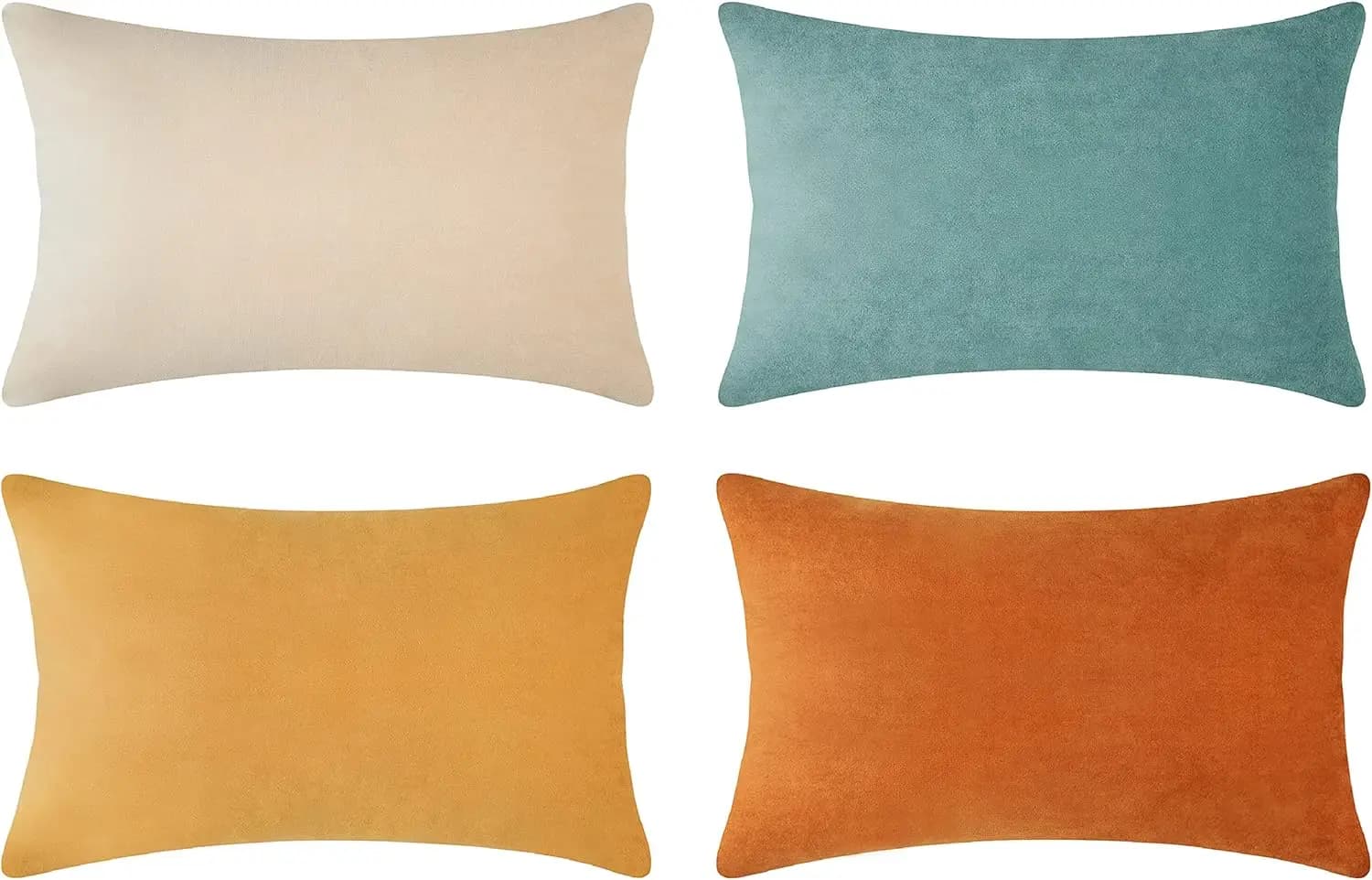 Set of 4 decorative cushion covers, in soft velvet with modern design for home decor, matching (12x20 inches, Orange/Aquamarine Face)