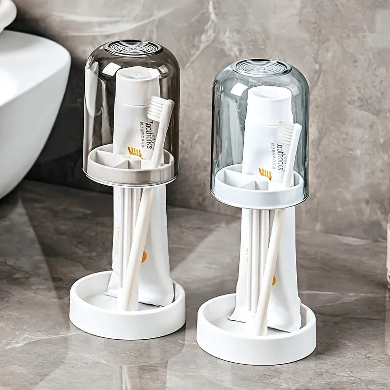 Set Portaspazzolino e Portadentifricio Multifunzionale in Plastica con Coperchio Antipolvere e Drenaggio dell'Acqua per Uso Domestico