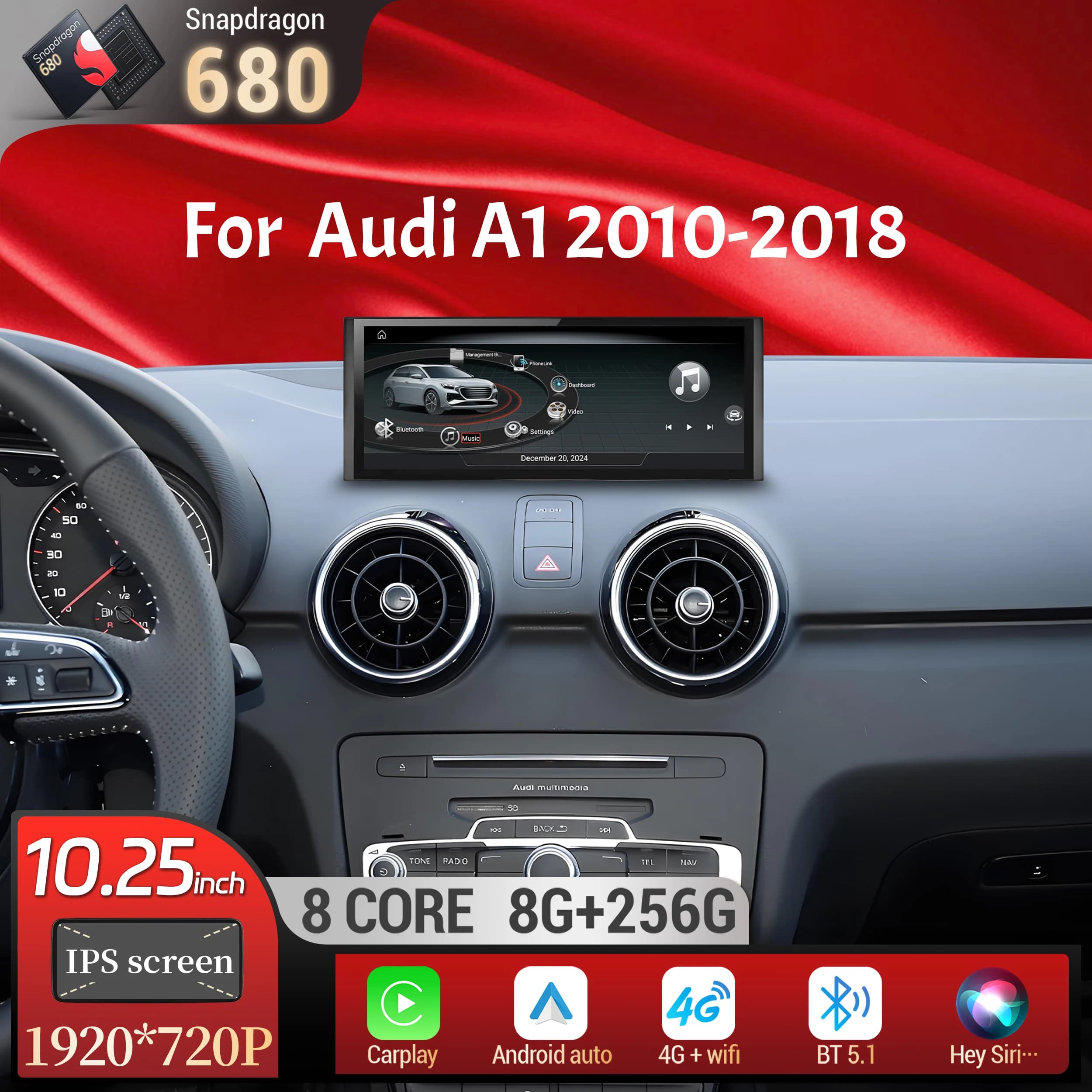 10.25 pollici Android 13 Per Audi A1 2010-2018 Autoradio Senza Fili Bluetooth Carplay Unità Principale Qualcomm Snapdragon 680 Touch Screen