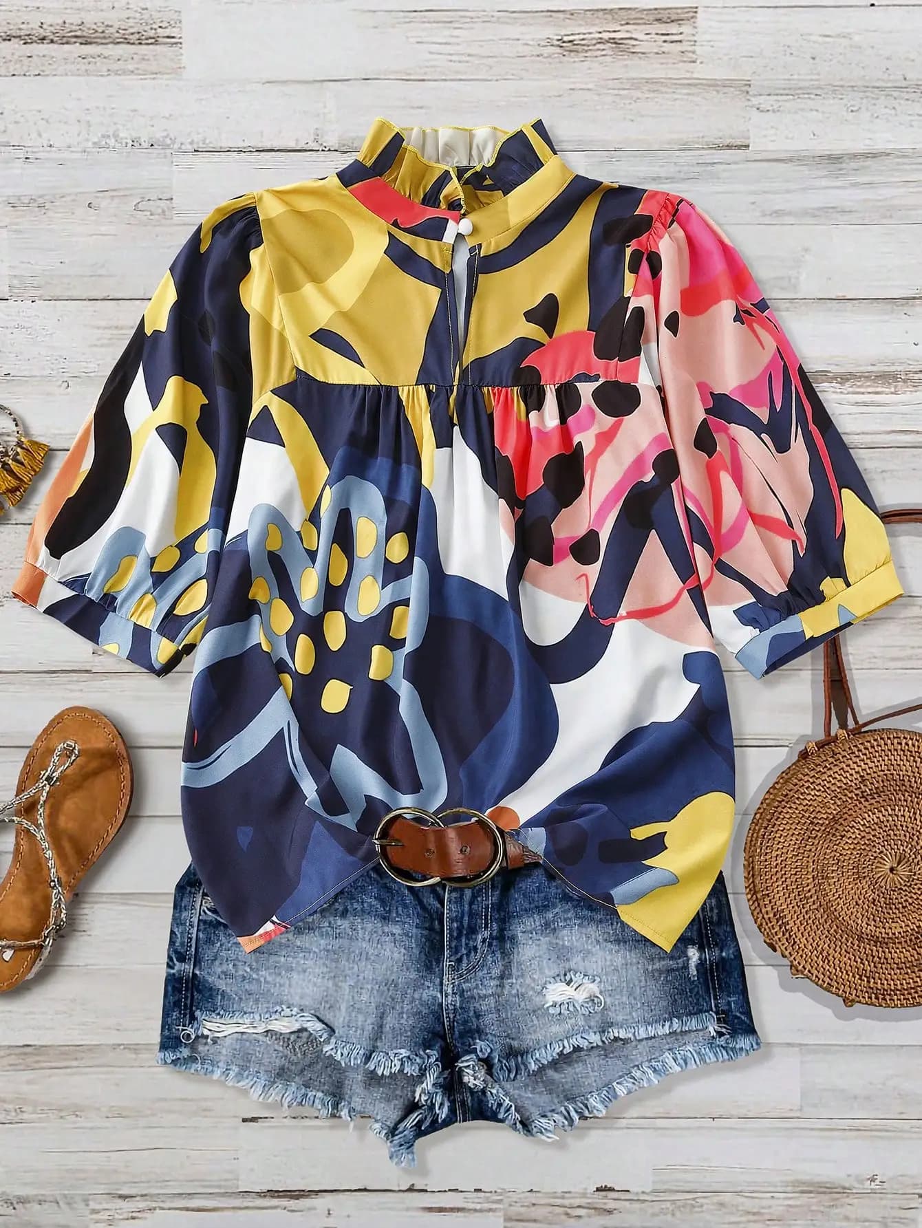 Camicetta elegante casual con colletto arricciato e stampa a maniche a sbuffo