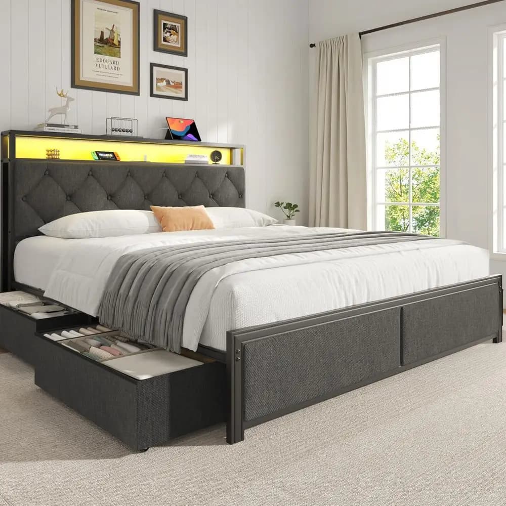 Queen size bed frame with headboard and padded container, fast charging station, LED lighting, fabric drawers, without top