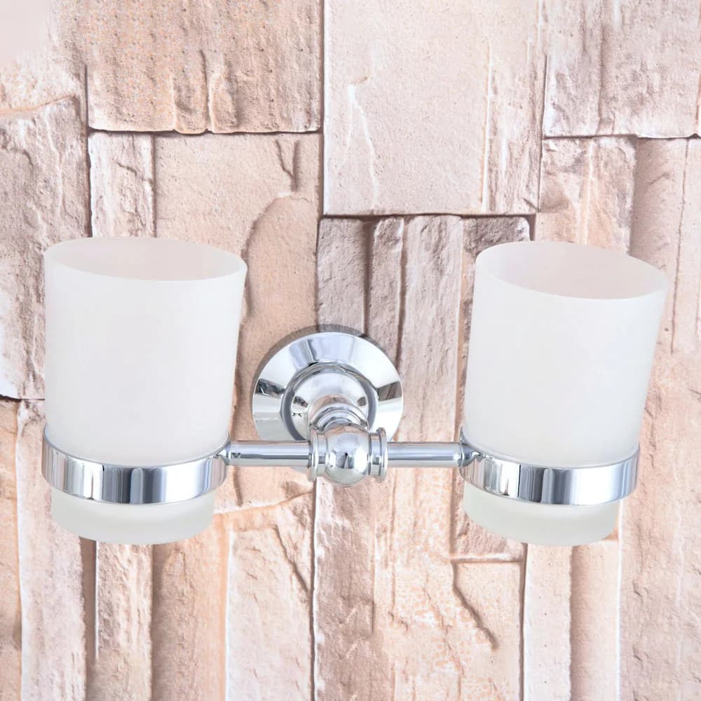 Set portaspazzolino da bagno in ottone cromato lucido a parete Accessorio da bagno Doppia tazza in vetro smerigliato mba797