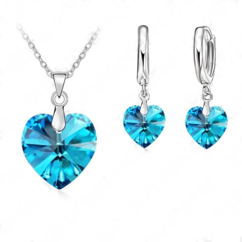 Romantic 925 Sterling Silver Blue Cubic Zircon Heart Shape Pendant Necklace Earrings Set Women Wedding Jewelry Sets