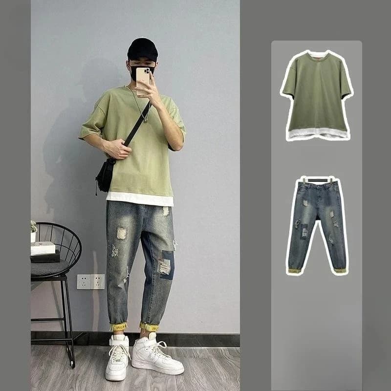 Set Estivo per Ragazzi Adolescenti, T-Shirt Casual Sottile e Jeans in Stile Coreano alla Moda