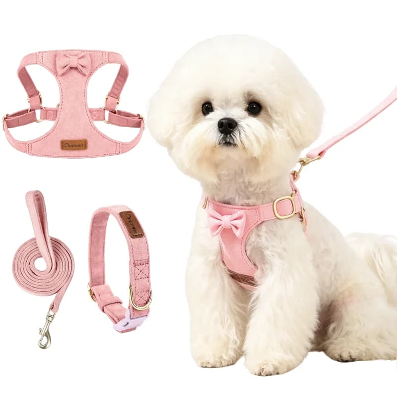 No Pull Faux Suede Dog Harness Pet Collar Puppy Leash Bow Adjustable Dog Chest Strap Soft Durable Outdoor Training Dog Supplies