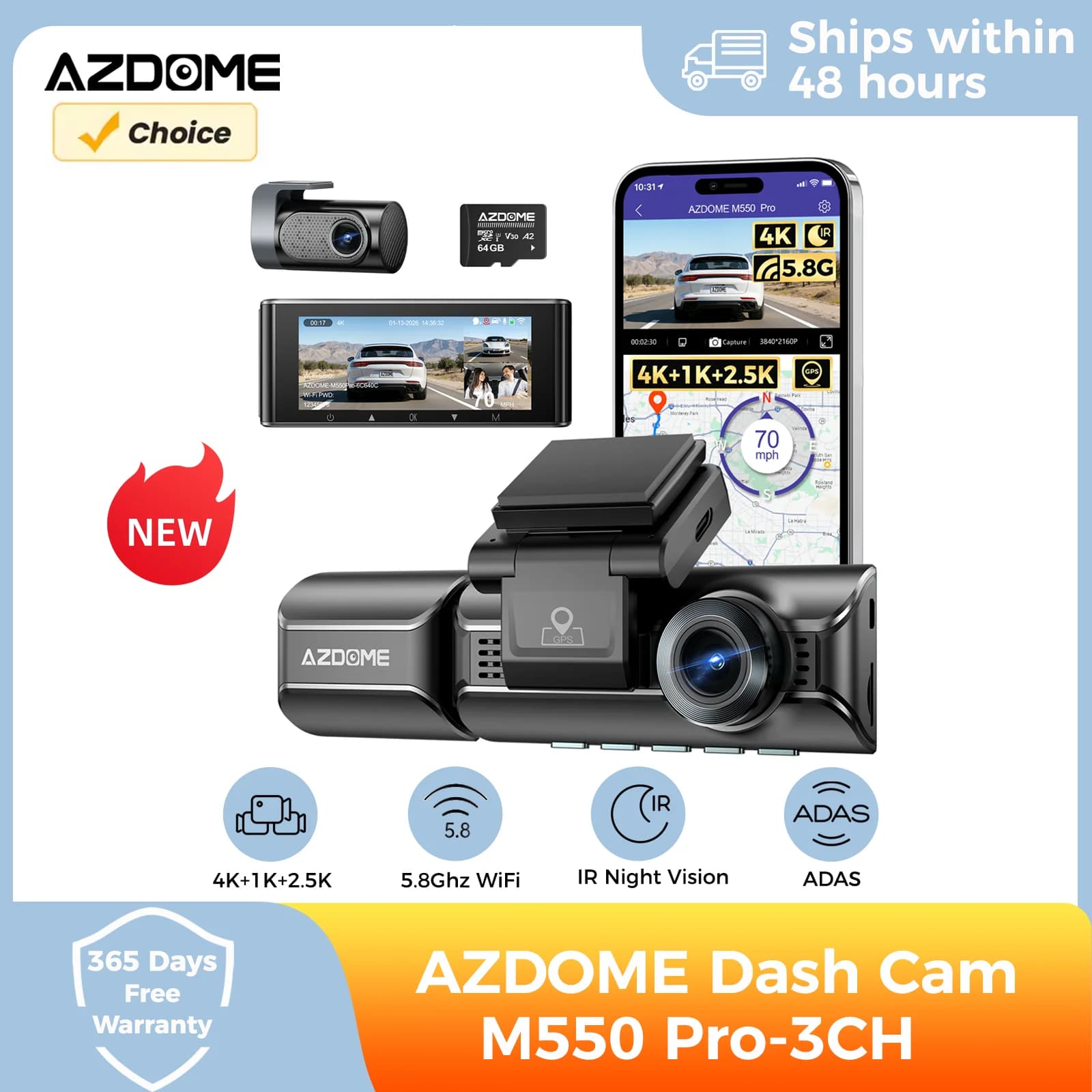 AZDOME M550 Pro Dash Cam a 3 Canali 4K+1K+2.5K, Telecamera per Auto con Controllo Vocale, WiFi 5.8Ghz Integrato, GPS, ADAS, Visione Notturna IR, Monitoraggio Parcheggio 24H