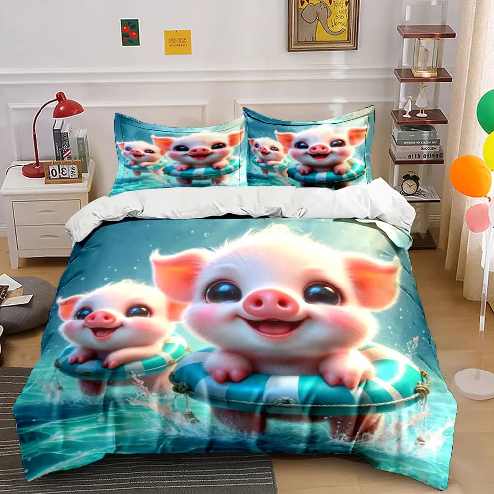 Adorable piglets playing in water Print Bedding Set 1 Duvet Cover 2 Pillowcases for Adult and Children Luxury Gift Full Size