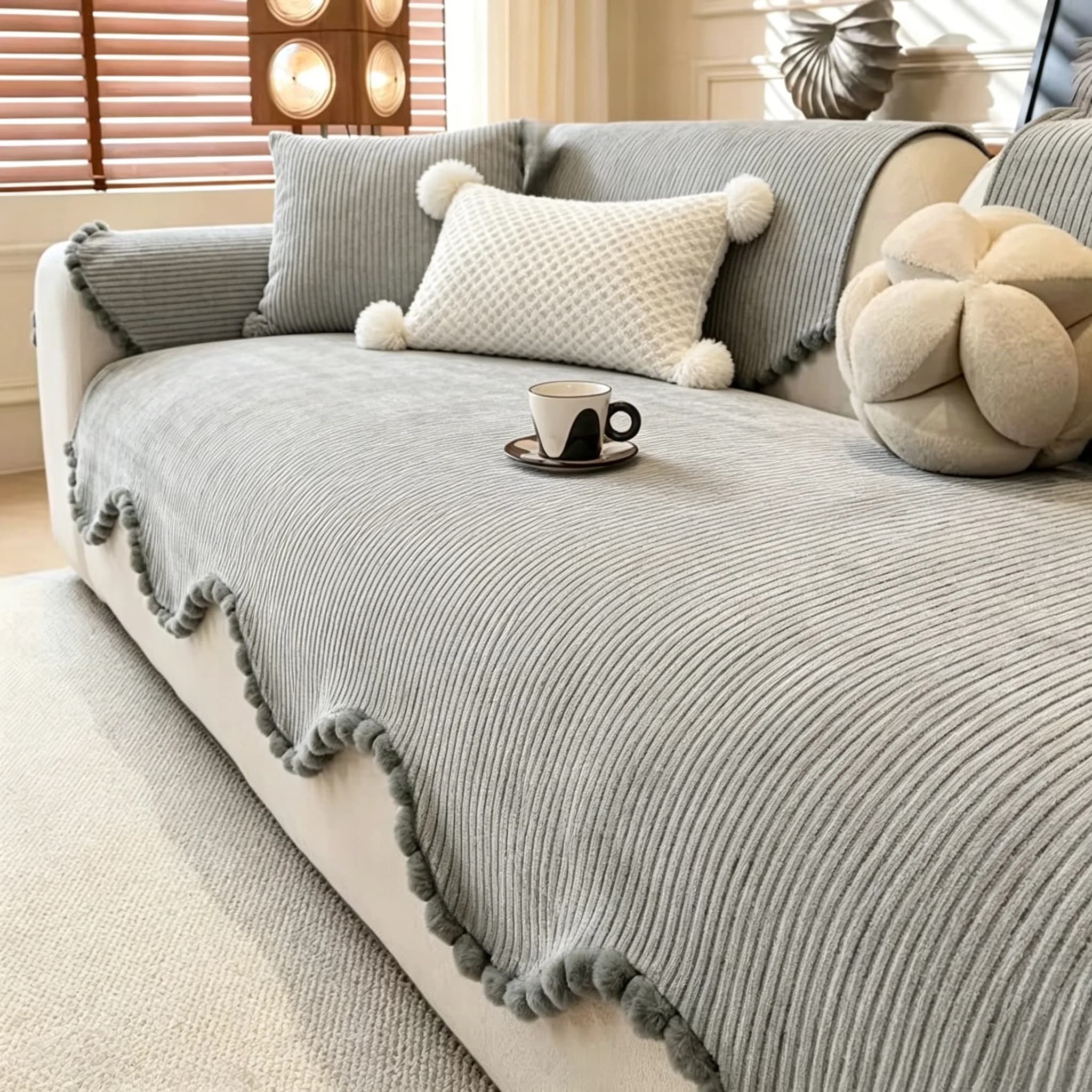 Solid Stripe Chenille with Pom Pom Trim Sofa Cover Machine Washable Anti-Slip Sofa Cover