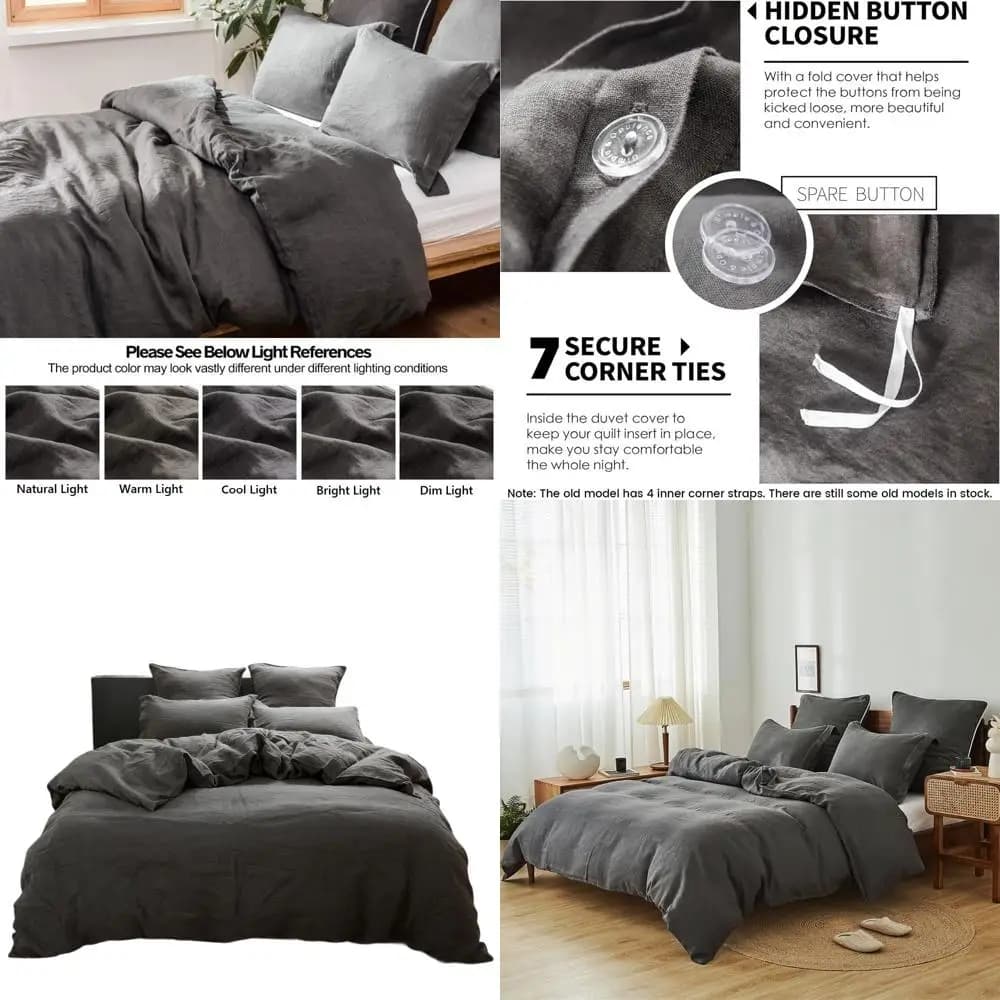 Set Copripiumino 100% Lino - Naturale, Lavato alla Francese, Traspirante, Chiusura a Bottoni, Grigio Tinta Unita, Biancheria da Letto King Size