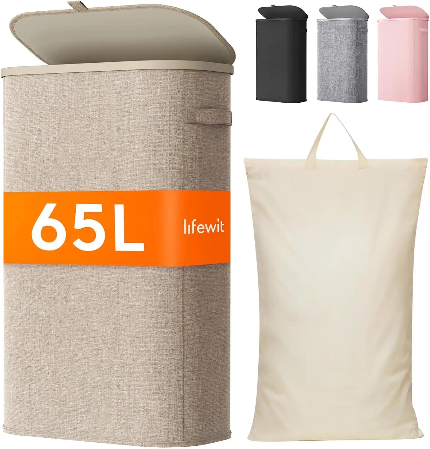 Cesto per Bucato Sottile con Coperchio, Cesto Stretto con Manici e Sacca Rimovibile, 65L Beige
