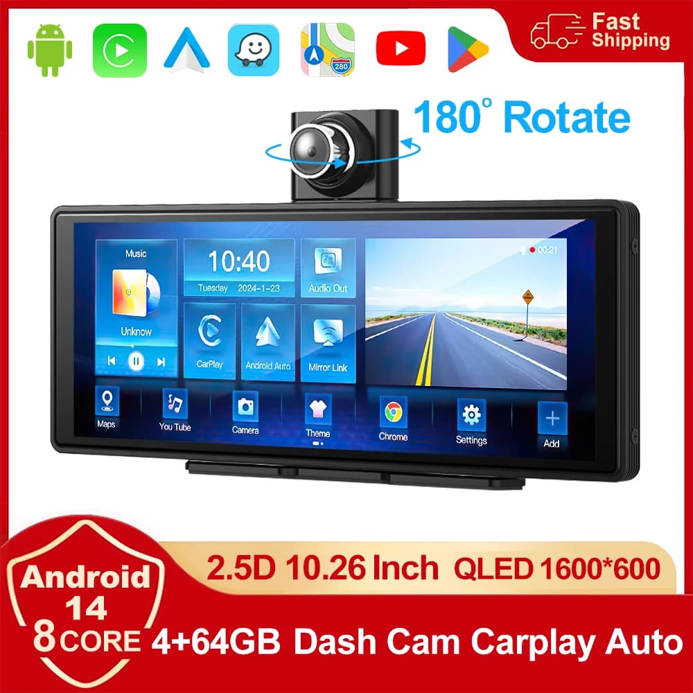Qled 10.26''Dashboard 8 Core Car Android 14 Dash Cam Navigazione GPS Autoradio Carplay Android auto DVR Videoregistratore