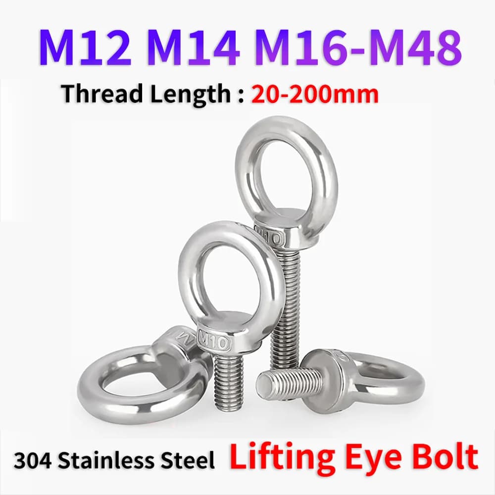 M12 M14 M16 M18 M20-M48 304 Stainless Steel A2 Lifting Eye Bolt Marine Lifting Ring Eyebolt for Wire Cable Rope Lifting Hardware