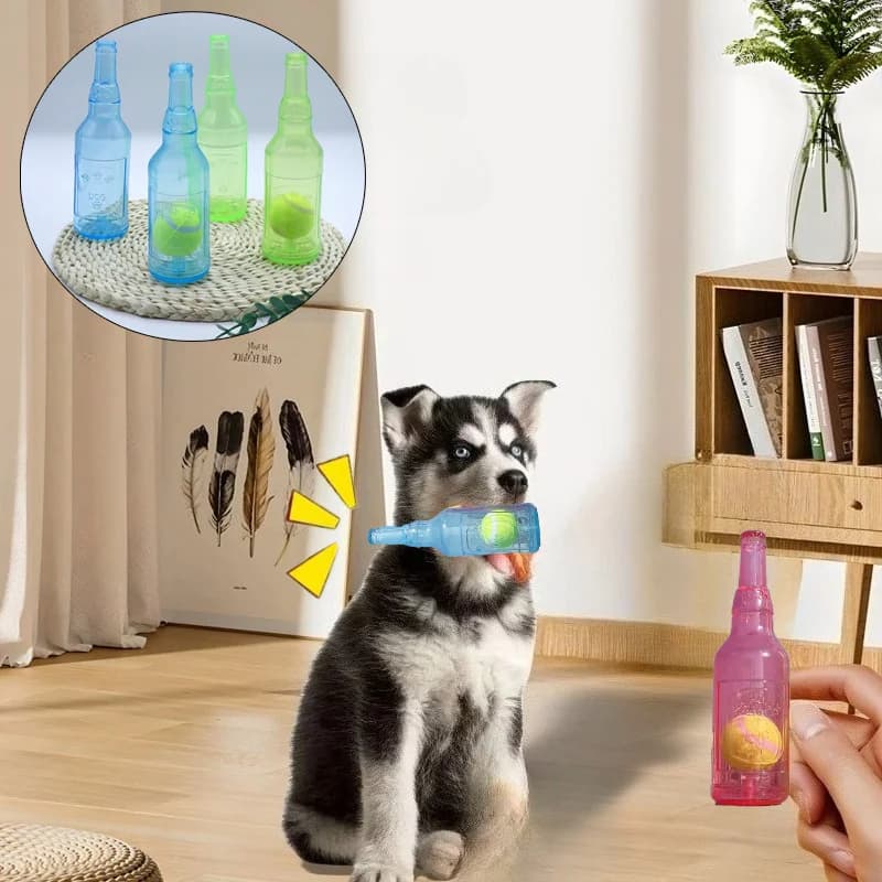 Giocattolo da masticare per cani Bottiglia di birra in silicone stridulo con palla da tennis Giocattolo per cuccioli resistente ai morsi Pulizia dei denti Forniture interattive per giocattoli per cani
