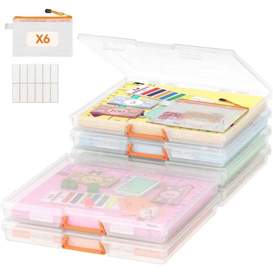 Carton box 33 x 31 cm, table box with secure closure, portable plastic organizer with handle and labels