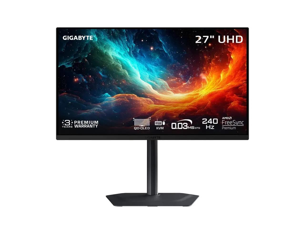 GIGABYTE 27" UHD 4K 240Hz with AMD FreeSync Premium Pro &, G-SYNC Compatible HDR400 USB-C KVM OLED Gaming Computer Monitor with Height adjustable, pivot, tilt and swivel stand MO27U2