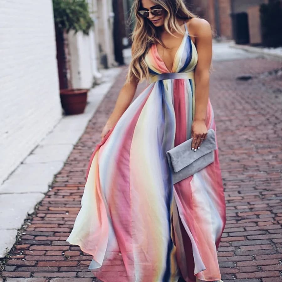 【New style】Print gradient short-sleeved rainbow dress suspender character long dress big pose one piece new style on behalf of