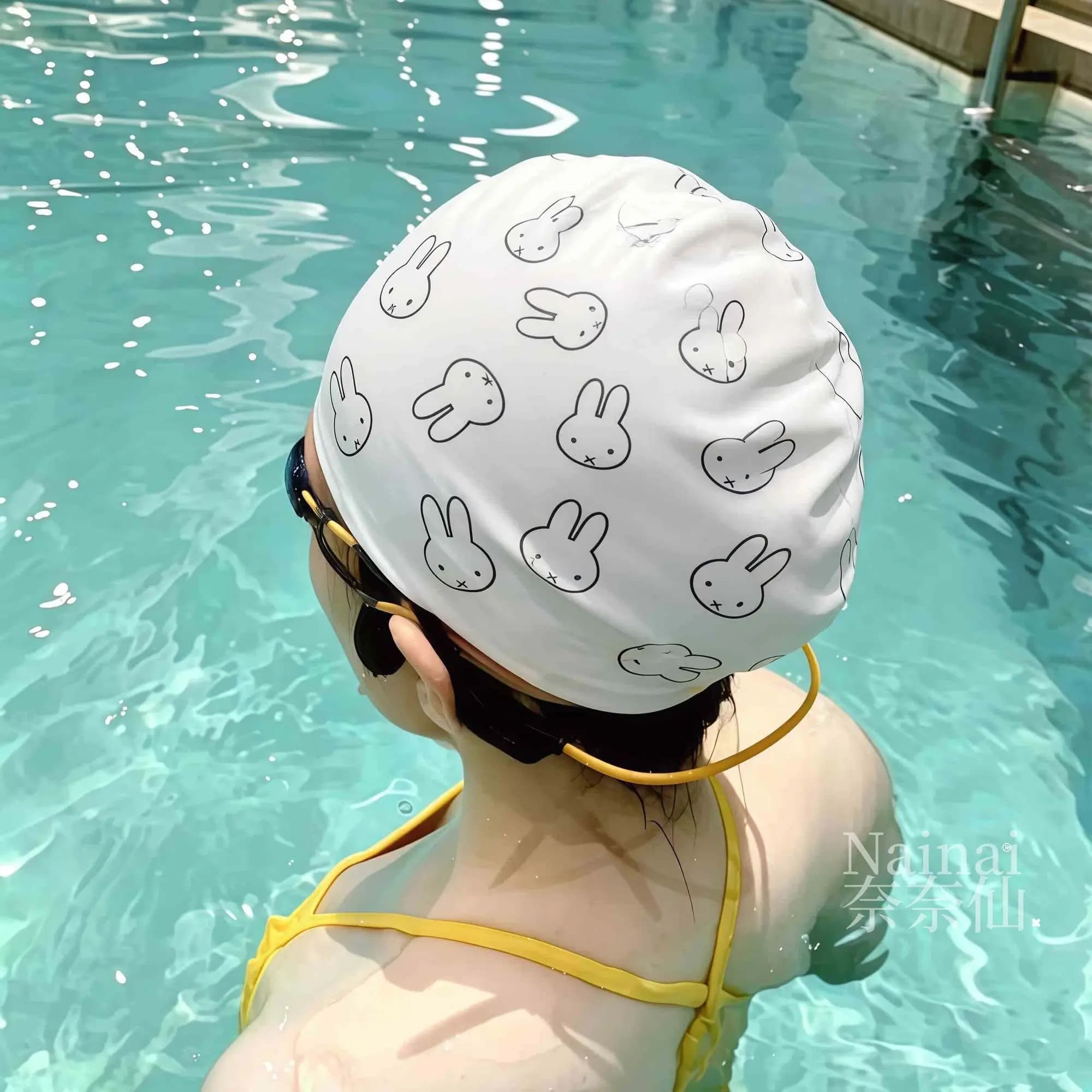 Cute Miffy Silicone Swim Cap for Women Extra Large for Long Hair Waterproof Hair Care Comfortable No Tight High Aesthetic Pool
