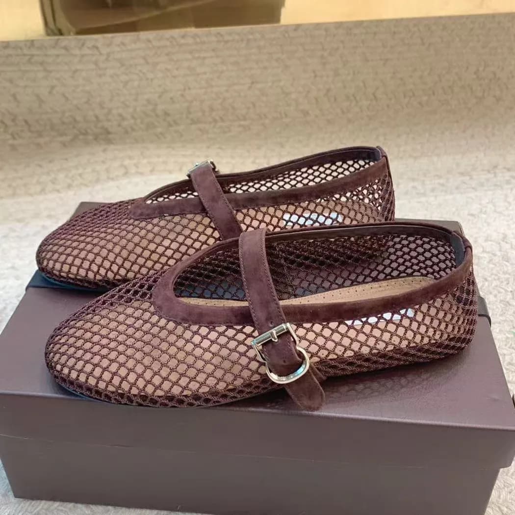 Scarpe da ballo piatte Leisure Fishing Net in vera pelle con taglio dritto e Mary Jane singolo traforato e traspirante