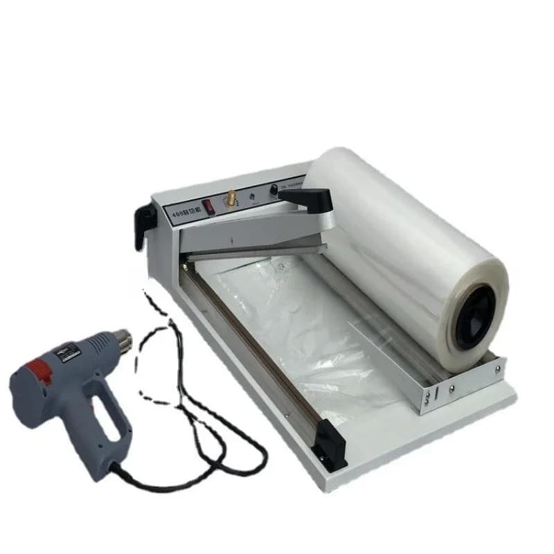 Macchina per film da 600 mm, macchina per sigillatura, taglio e termoretrazione, macchina manuale per sigillatura e taglio con pistola termica
