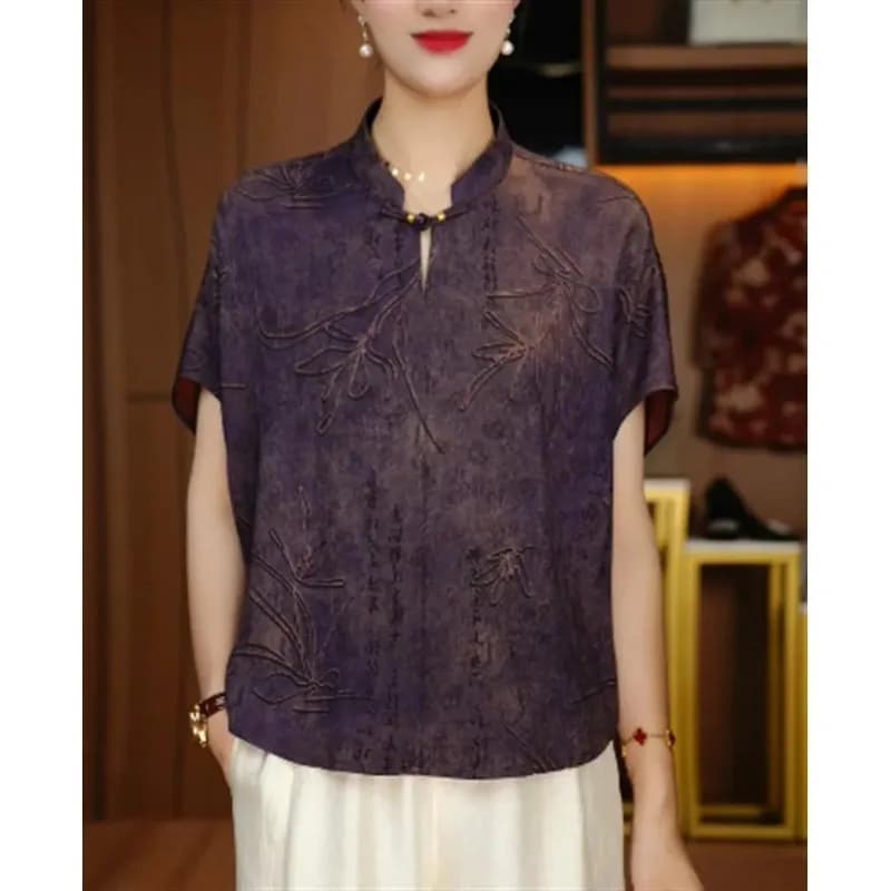 Women's Purple Mandarin Collar Short-Sleeve Blouse with Floral Calligraphy Embroidery