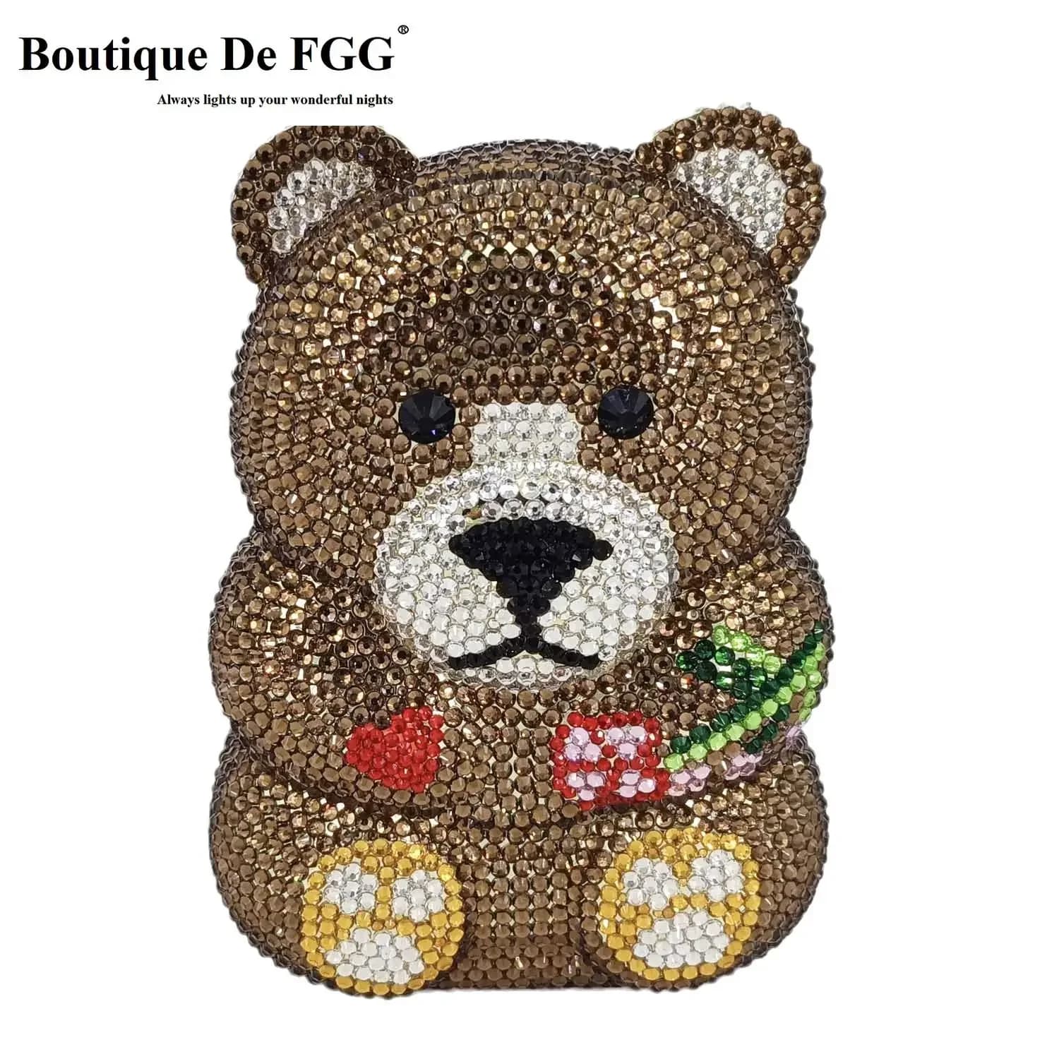 Boutique De FGG pochette da sera in cristallo marrone orsacchiotto per donna Mini borse e borsette Minaudiere per feste di nozze