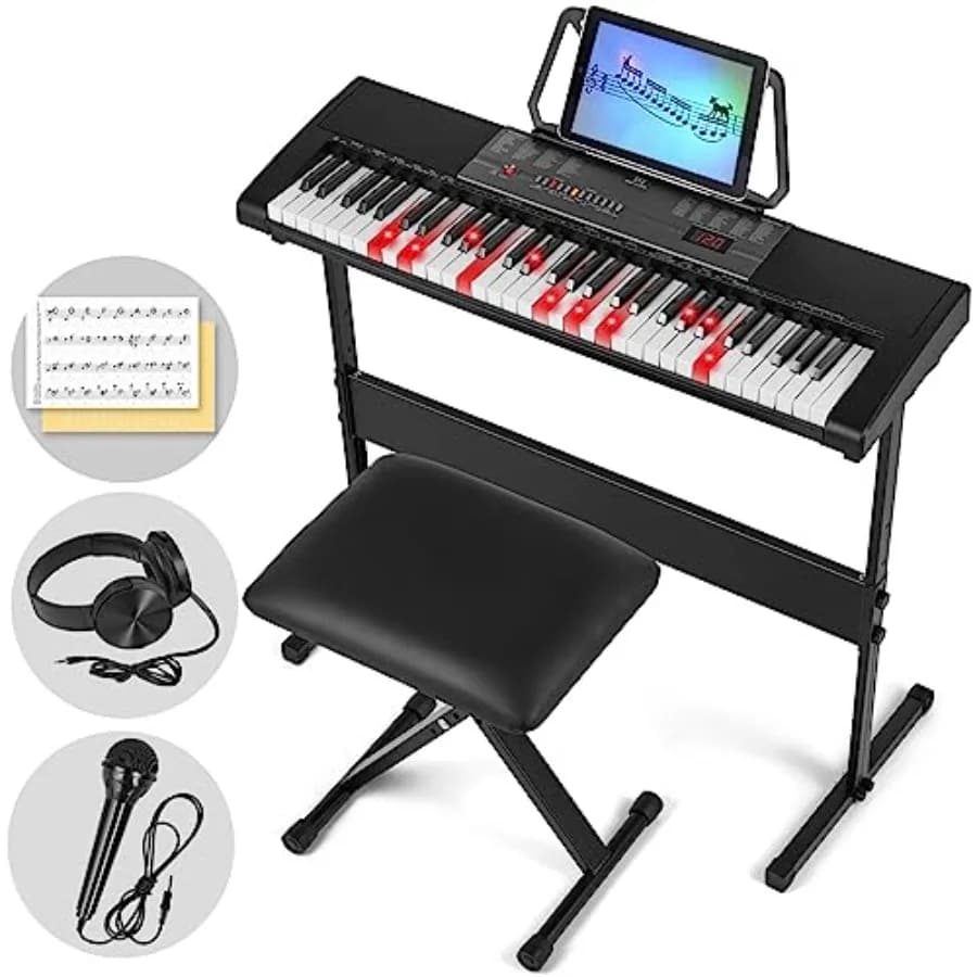 Beginner electric piano keyboard with 61 lighted keys, black plastic housing, LCD screen, included stand, headphones, microphon