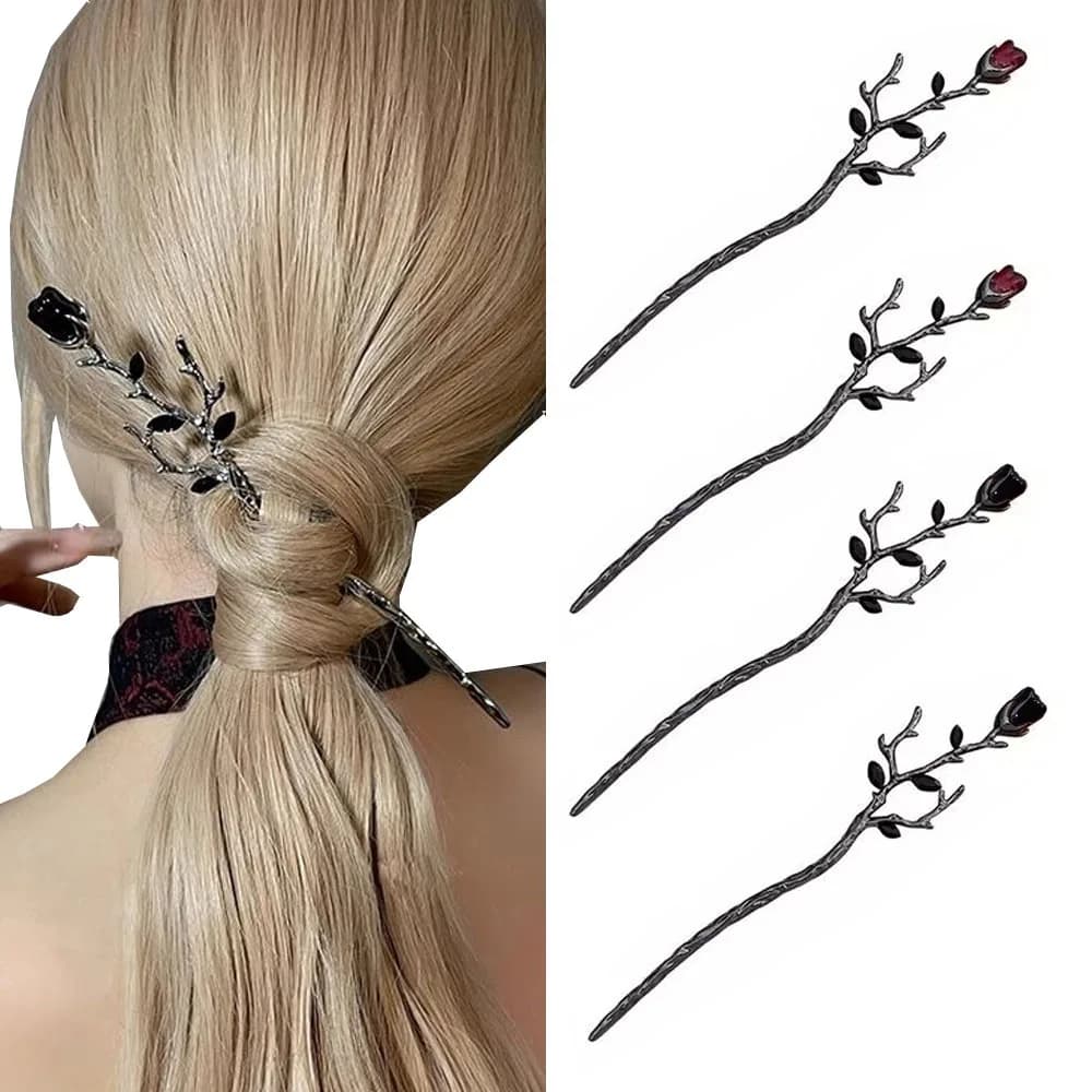 1pc new chinese fork stick for hair elegant flower pink branch crystal structure metal accessories for hair vintage woman headdress