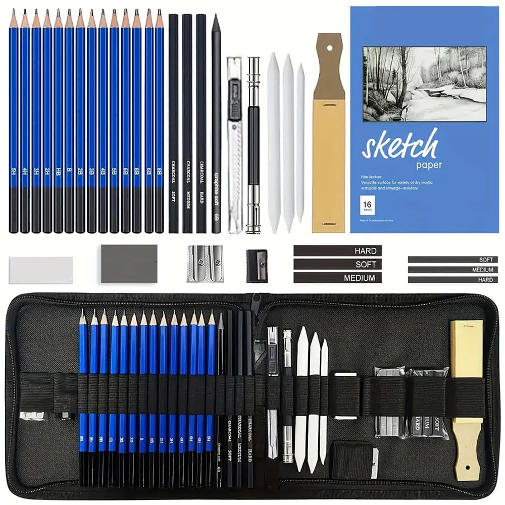 35pcs professional sketch pencil set with carbon sticks and a black portable storage bag, suitable for painting beginners.