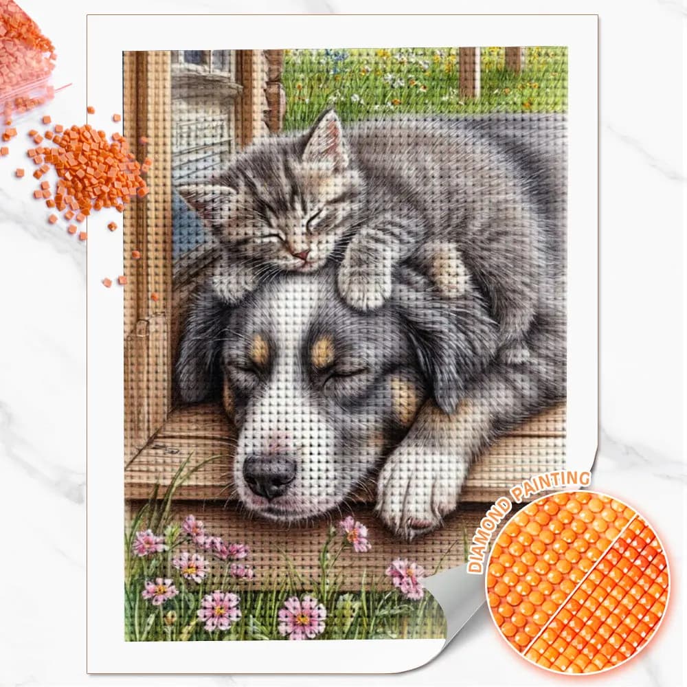 Huacan 5D DIY Diamond Painting Cane Gatto Dormiente Mosaico Diamantato Animale Fiore Nuovo 2026 Immagine di Strass