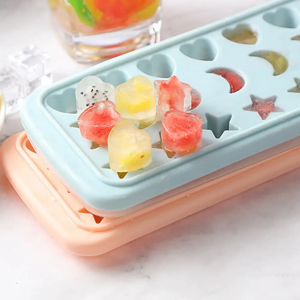 Stampo per Cubetti di Ghiaccio a Forma di Stella, Luna e Cuore, in Silicone Alimentare con Coperchio Blu Cielo, Fondo Flessibile, Facile da Sformare, Mini Vassoio per Ghiaccio
