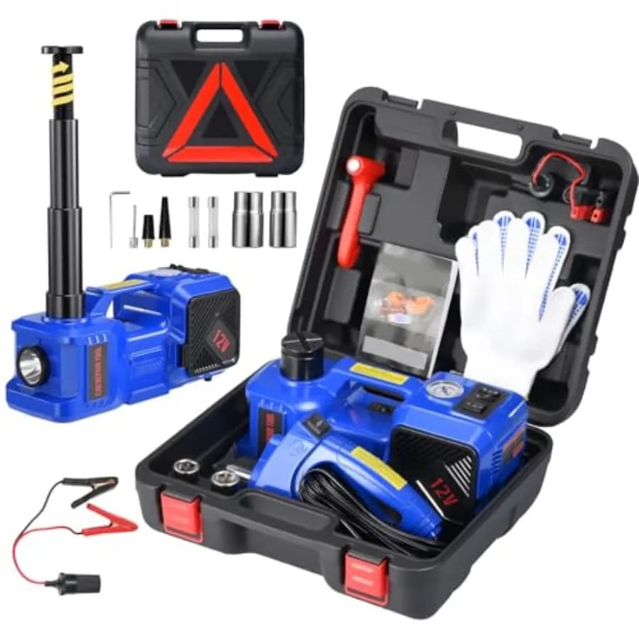 Kit Martinetto Elettrico per Auto 5 Tonnellate 12V, Sollevatore Idraulico Elettrico per Veicoli, Set di Attrezzi per Riparazione Auto con Funzione Integrata