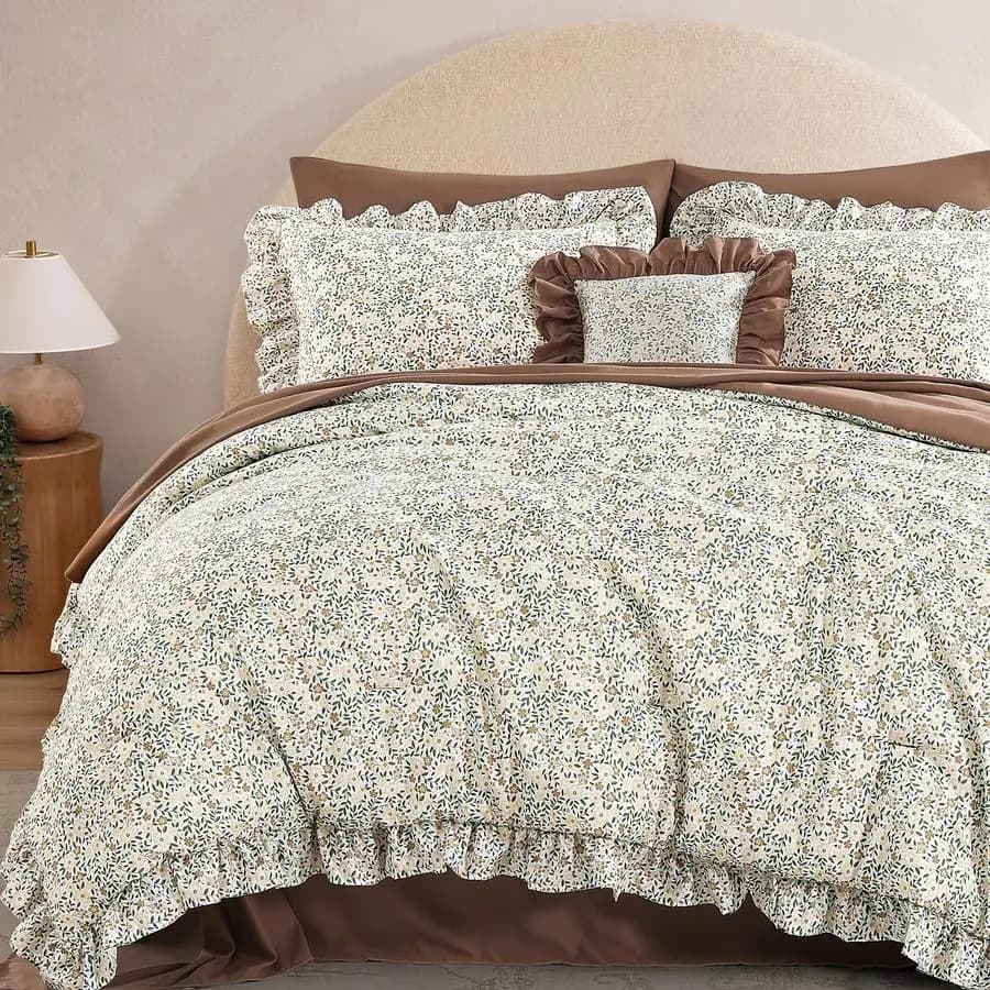 Set Cover 7 Pieces with Volant Beige, Set Bed Linen Style Shabby Chic, Bed in a Queen Bag with Floral Cover, Sheets, P