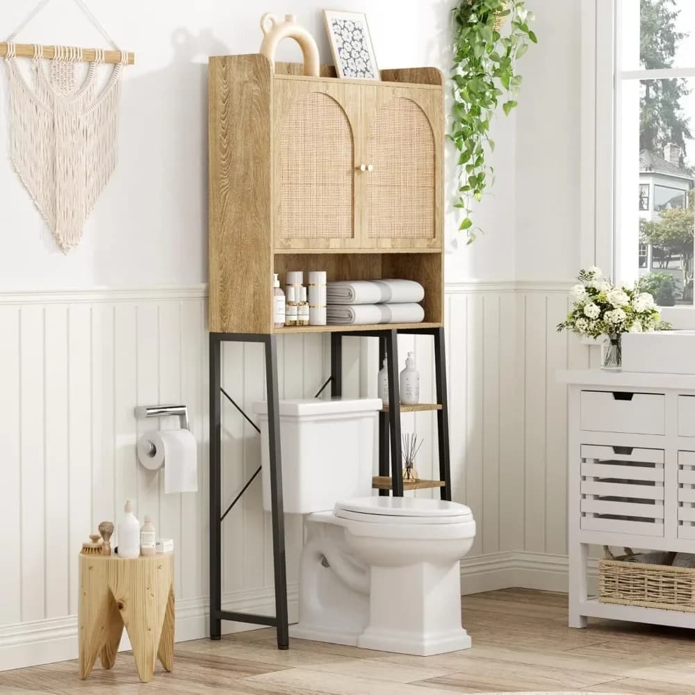 Rattan toilet storage cabinet with adjustable shelf with large space and bathroom organizer
