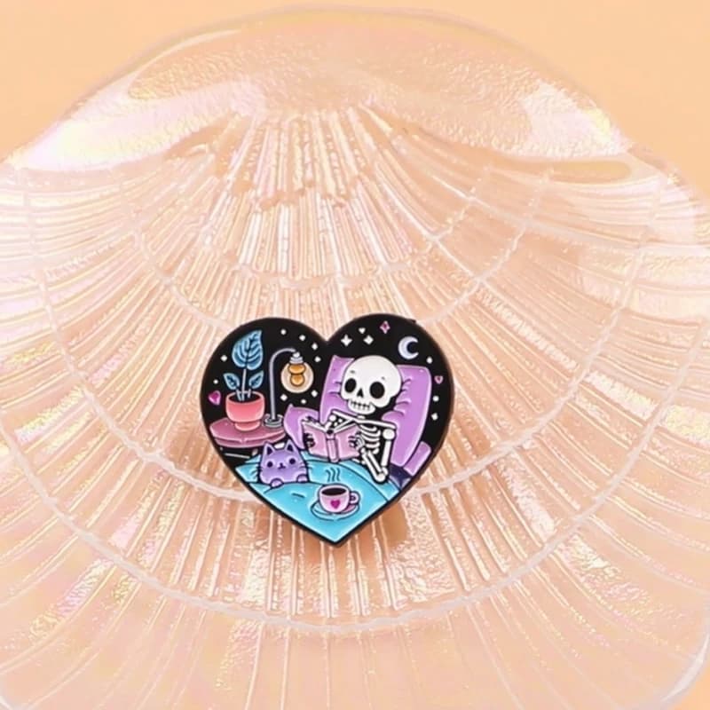 Spilla smaltata scheletro Spilla da bavero Spille per amanti dei libri Decorazione di abbigliamento Spille in metallo Zaino Cappello Distintivo Accessori Lettore Regalo