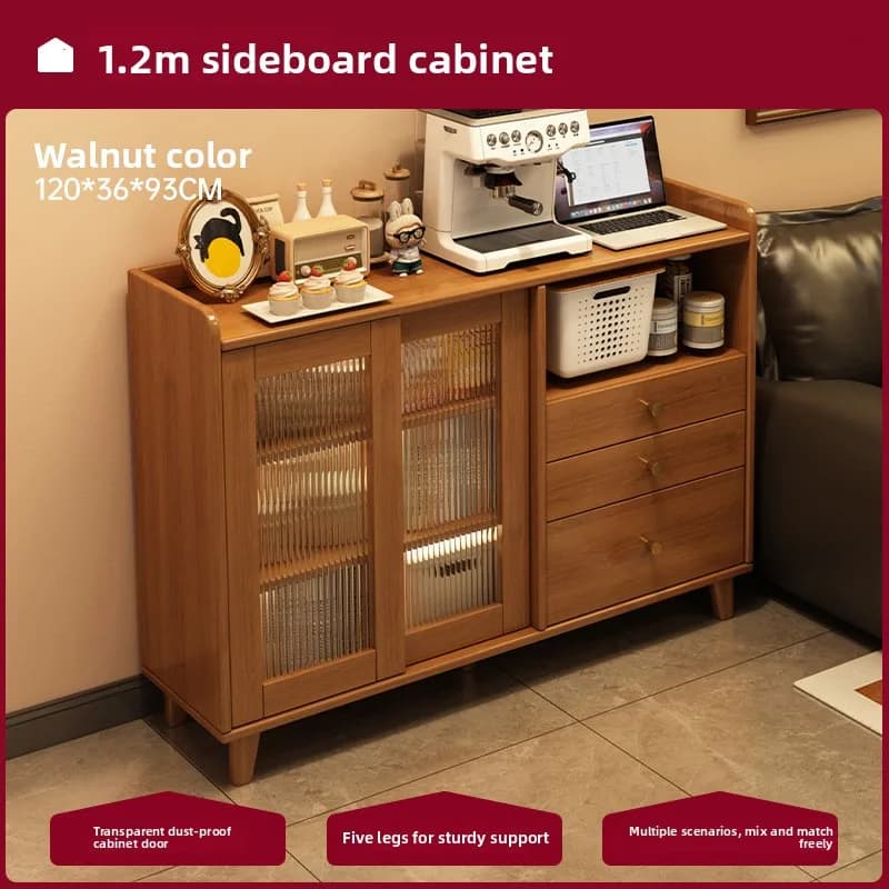 Credenza Moderna in Legno con Ante in Acrilico Traslucido, Gambe in Legno Massello, 3 Ripiani, Arredamento per Cucina e Sala da Pranzo
