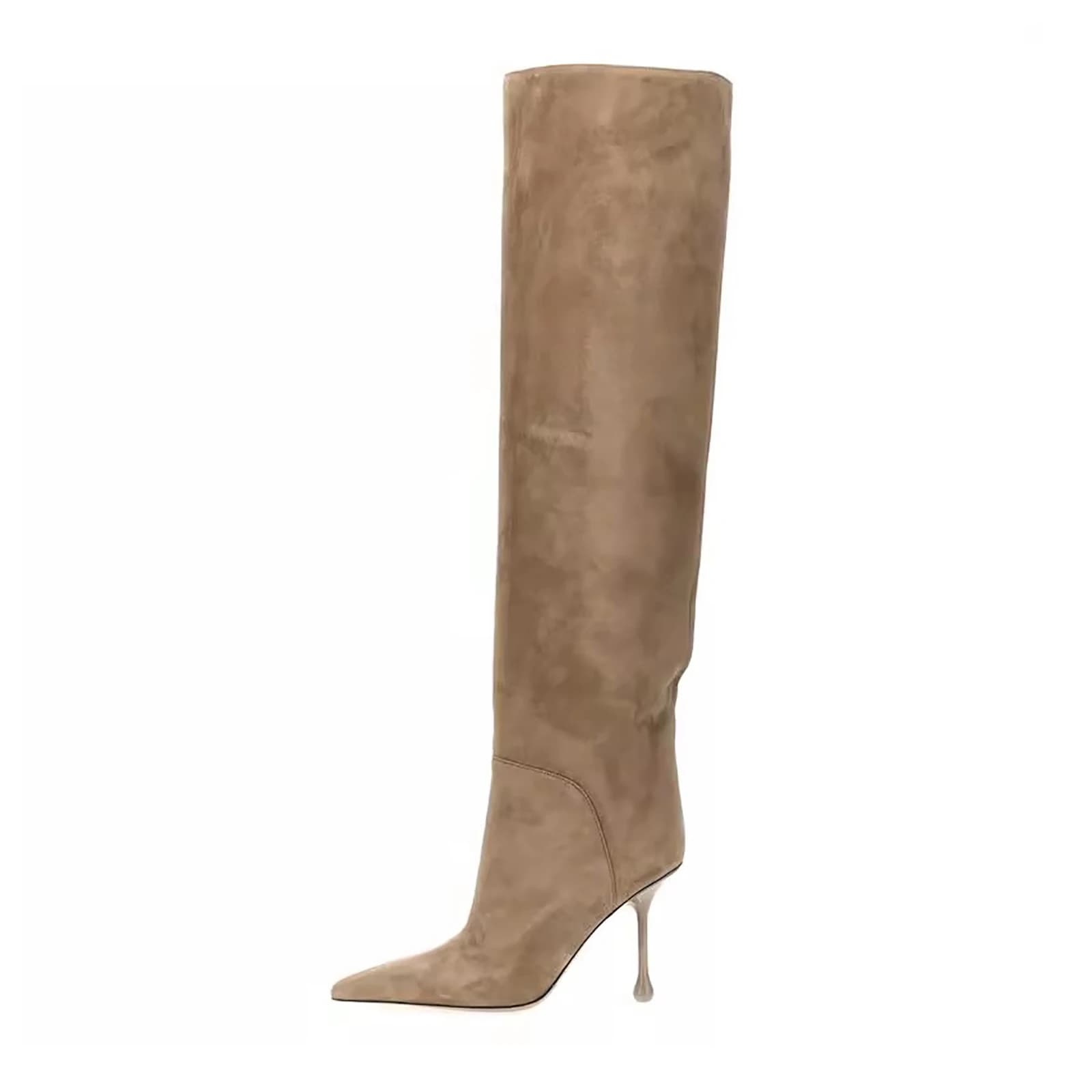 Arden Furtado2025 stivali sopra il ginocchio con tacco a spillo in pelle scamosciata kaki Punta a punta Slip-on al polpaccio Stivali da cavaliere con tacco super alto da donna